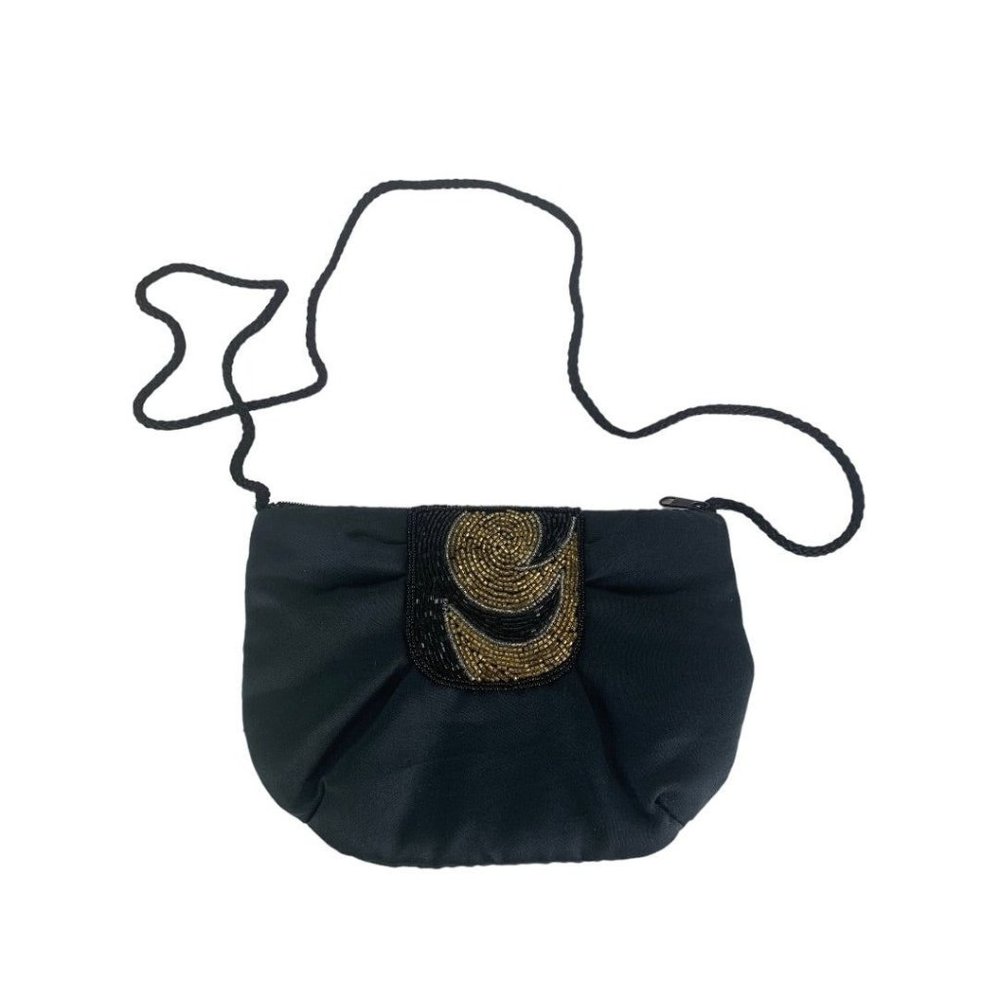 Black Satin and Beaded Evening Bag Shoulder Strap Zip Top Demilune